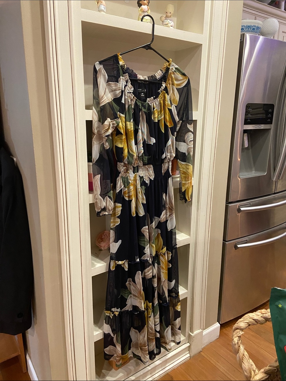 Black Floral Maxi Dress with Yellow Accents and Smocked Waist